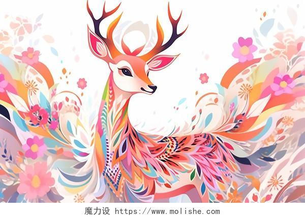 绚丽花丛中的鹿唯美AI插画背景